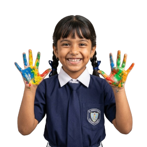 School Girl with Colorful Painted Hands Smiling